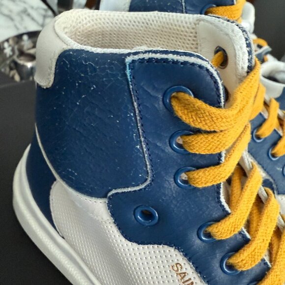 YSL SAINT LAURENT 610618 SL24 LEATHER SNEAKERS MID TOP WHITE BLUE SZ 41 - Picture 7 of 10
